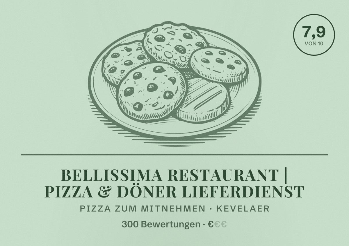 Illustriertes Poster von Bellissima Restaurant | Pizza & Döner Lieferdienst, Pizza zum Mitnehmen in Kevelaer: Bewertung 7,9 von 10 aus 300 Bewertungen, Preisniveau €