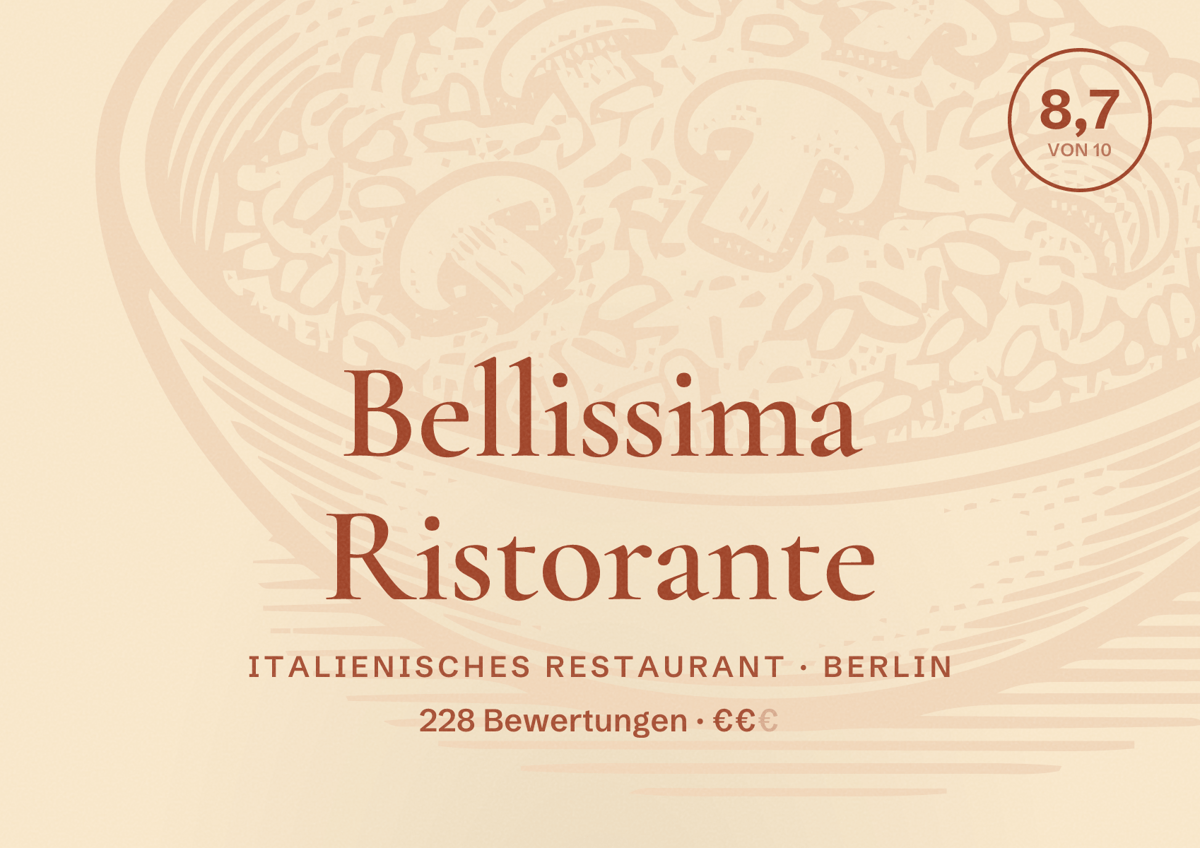 Illustriertes Poster von Bellissima Ristorante, Italienisches Restaurant in Berlin: Bewertung 8,7 von 10 aus 228 Bewertungen, Preisniveau €€
