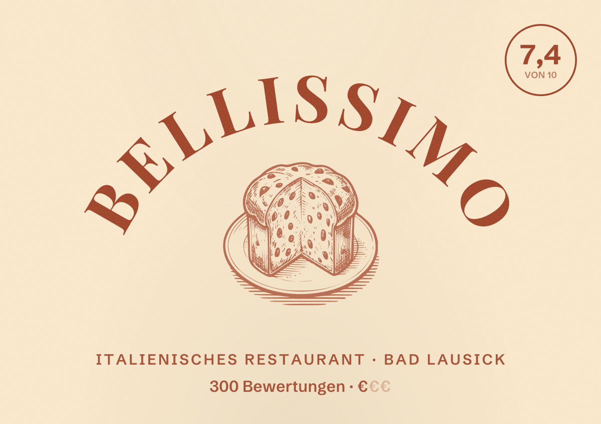 Illustriertes Poster von Bellissimo, Italienisches Restaurant in Bad Lausick: Bewertung 7,4 von 10 aus 300 Bewertungen, Preisniveau €