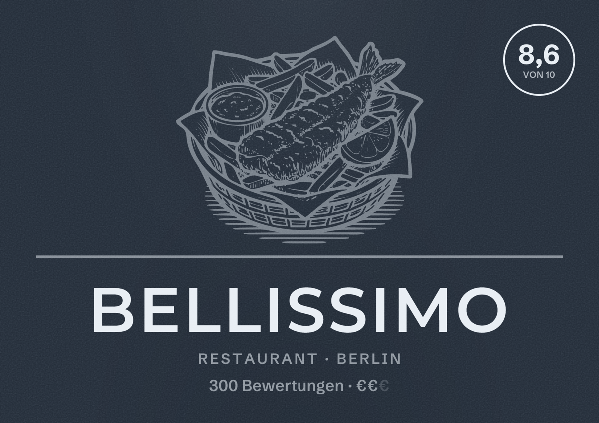 Illustriertes Poster von Bellissimo, Restaurant in Berlin: Bewertung 8,6 von 10 aus 300 Bewertungen, Preisniveau €€