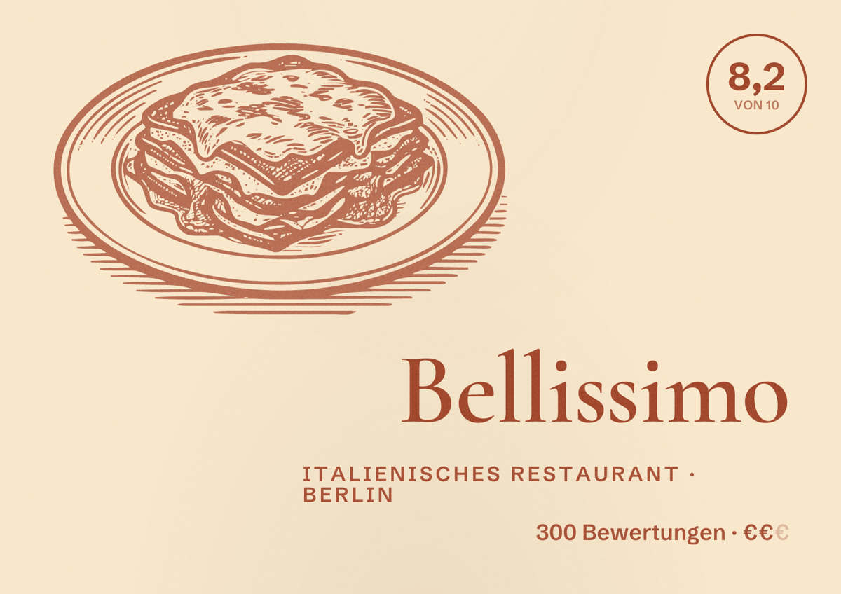 Illustriertes Poster von Bellissimo, Italienisches Restaurant in Berlin: Bewertung 8,2 von 10 aus 300 Bewertungen, Preisniveau €€