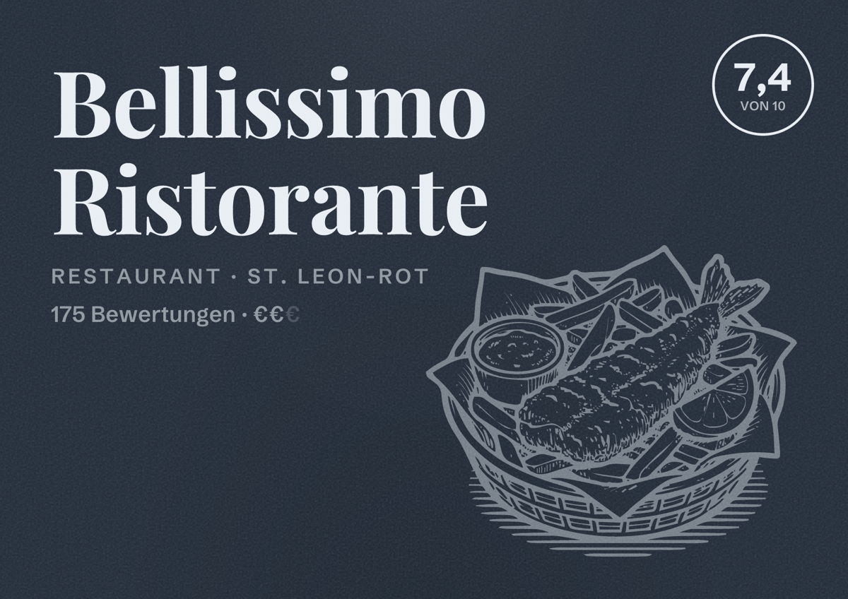 Illustriertes Poster von Bellissimo Ristorante, Restaurant in St. Leon-Rot: Bewertung 7,4 von 10 aus 175 Bewertungen, Preisniveau €€