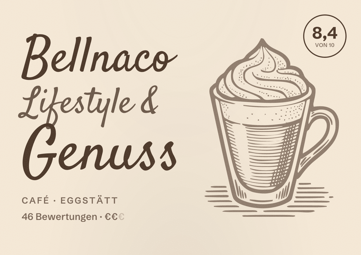 Illustriertes Poster von Bellnaco Lifestyle & Genuss, Café in Eggstätt: Bewertung 8,4 von 10 aus 46 Bewertungen, Preisniveau €€