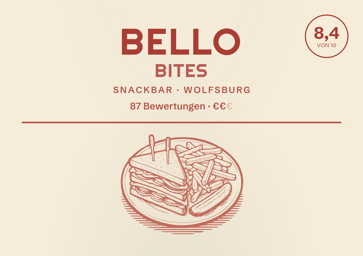 Illustriertes Poster von Bello Bites, Snackbar in Wolfsburg: Bewertung 8,4 von 10 aus 87 Bewertungen, Preisniveau €€