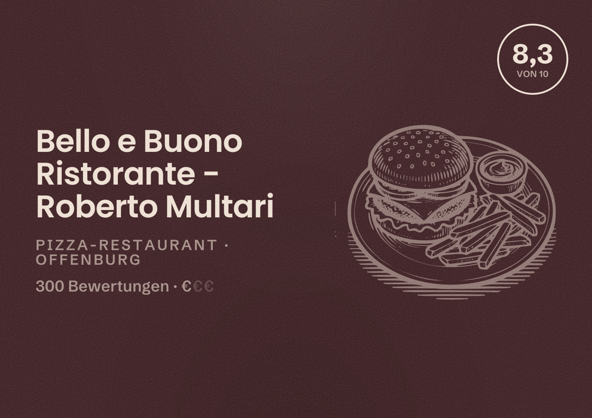 Illustriertes Poster von Bello e Buono Ristorante - Roberto Multari, Pizza-Restaurant in Offenburg: Bewertung 8,3 von 10 aus 300 Bewertungen, Preisniveau €