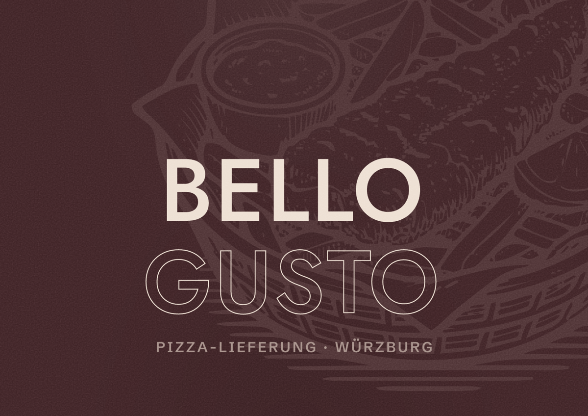 Illustriertes Poster von Bello Gusto, Pizza-Lieferung in Würzburg