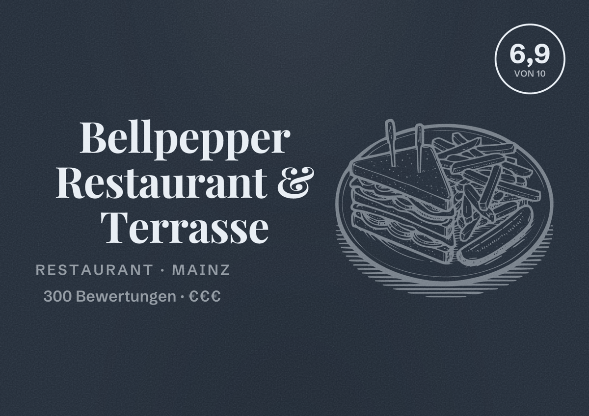 Illustriertes Poster von Bellpepper Restaurant & Terrasse, Restaurant in Mainz: Bewertung 6,9 von 10 aus 300 Bewertungen, Preisniveau €€€