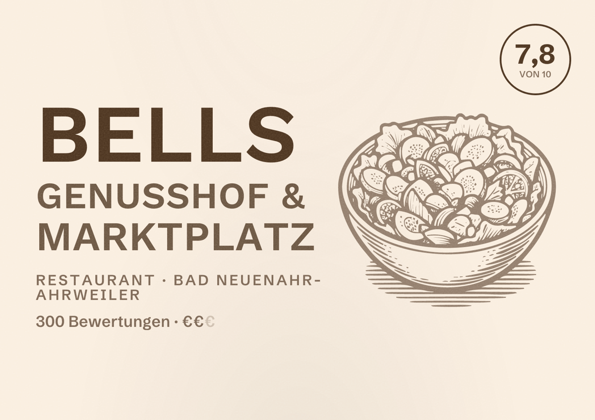 Illustriertes Poster von Bells Genusshof & Marktplatz, Restaurant in Bad Neuenahr-Ahrweiler: Bewertung 7,8 von 10 aus 300 Bewertungen, Preisniveau €€
