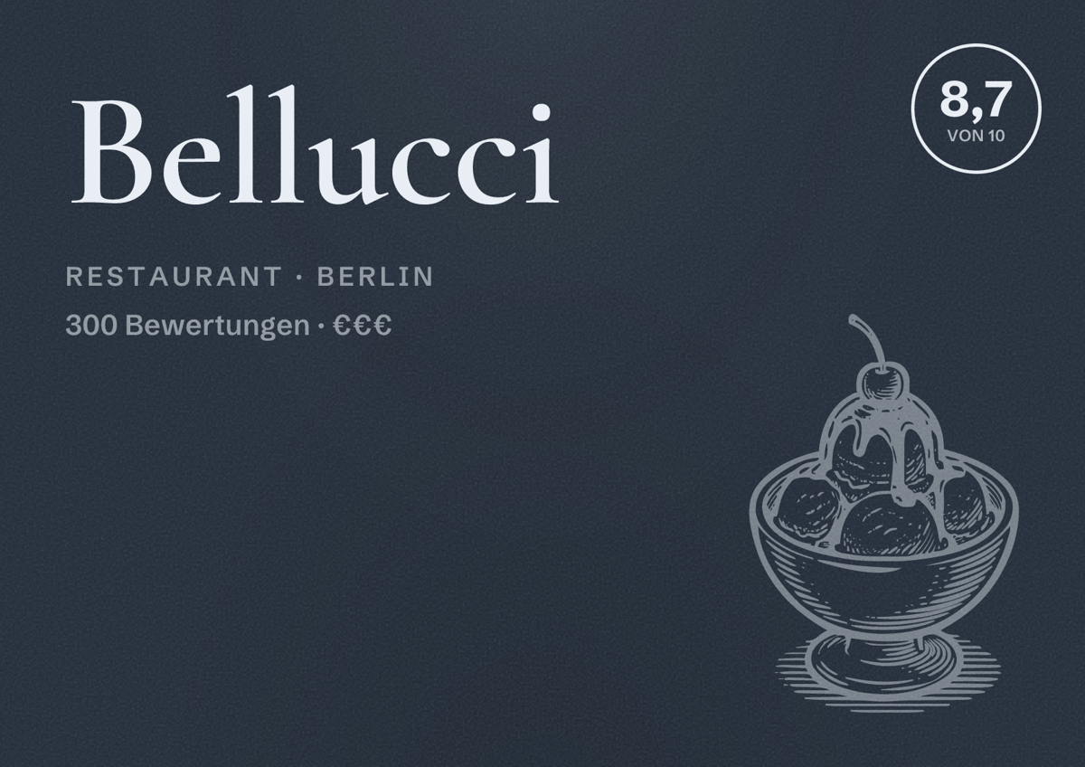 Illustriertes Poster von Bellucci, Restaurant in Berlin: Bewertung 8,7 von 10 aus 300 Bewertungen, Preisniveau €€€
