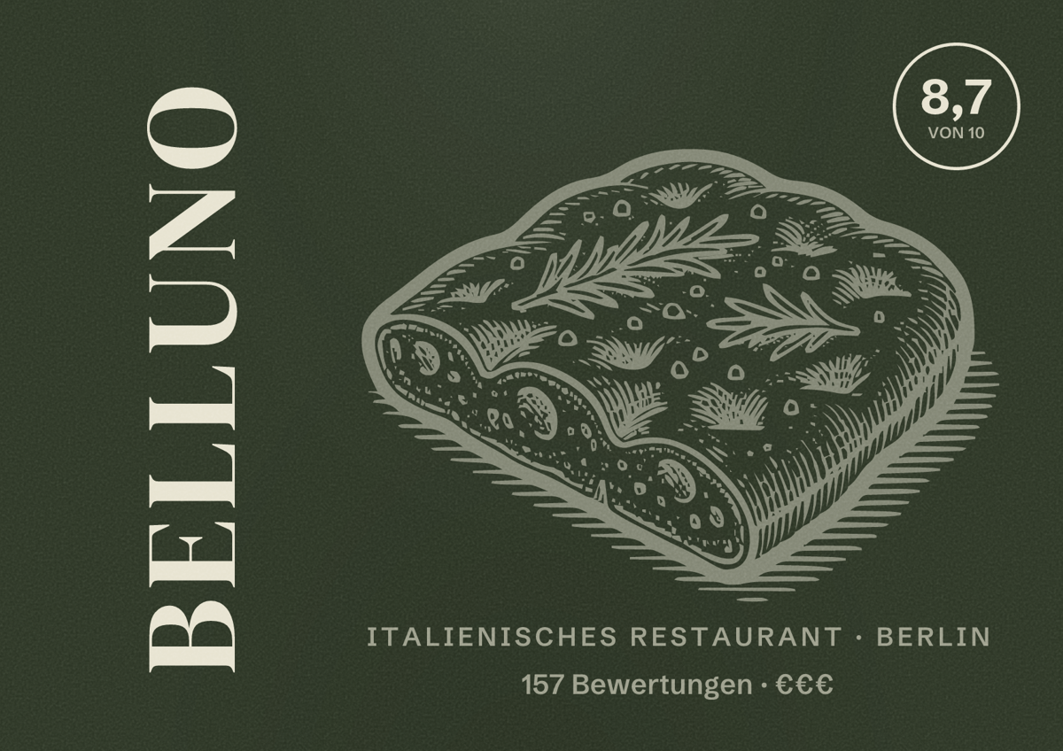 Illustriertes Poster von Belluno, Italienisches Restaurant in Berlin: Bewertung 8,7 von 10 aus 157 Bewertungen, Preisniveau €€€