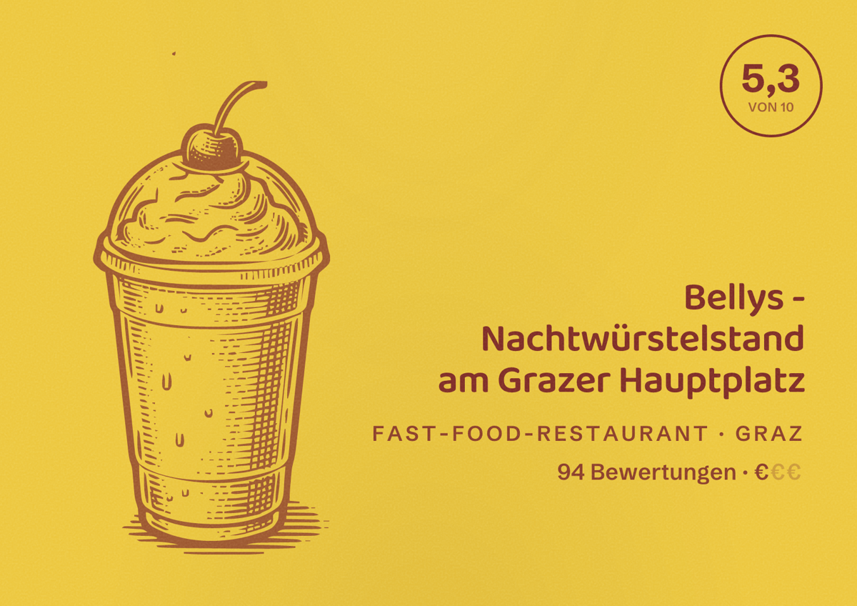 Illustriertes Poster von Bellys - Nachtwürstelstand am Grazer Hauptplatz, Fast-Food-Restaurant in Graz: Bewertung 5,3 von 10 aus 94 Bewertungen, Preisniveau €