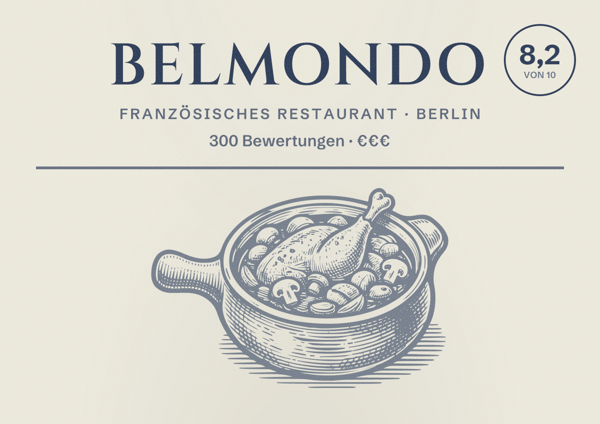Illustriertes Poster von Belmondo, Französisches Restaurant in Berlin: Bewertung 8,2 von 10 aus 300 Bewertungen, Preisniveau €€€