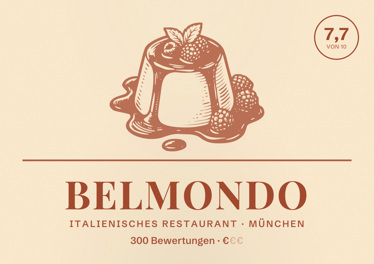Illustriertes Poster von Belmondo, Italienisches Restaurant in München: Bewertung 7,7 von 10 aus 300 Bewertungen, Preisniveau €