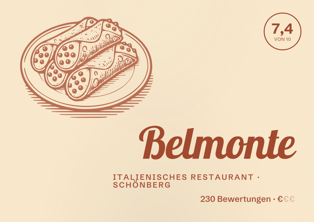 Illustriertes Poster von Belmonte, Italienisches Restaurant in Schönberg: Bewertung 7,4 von 10 aus 230 Bewertungen, Preisniveau €