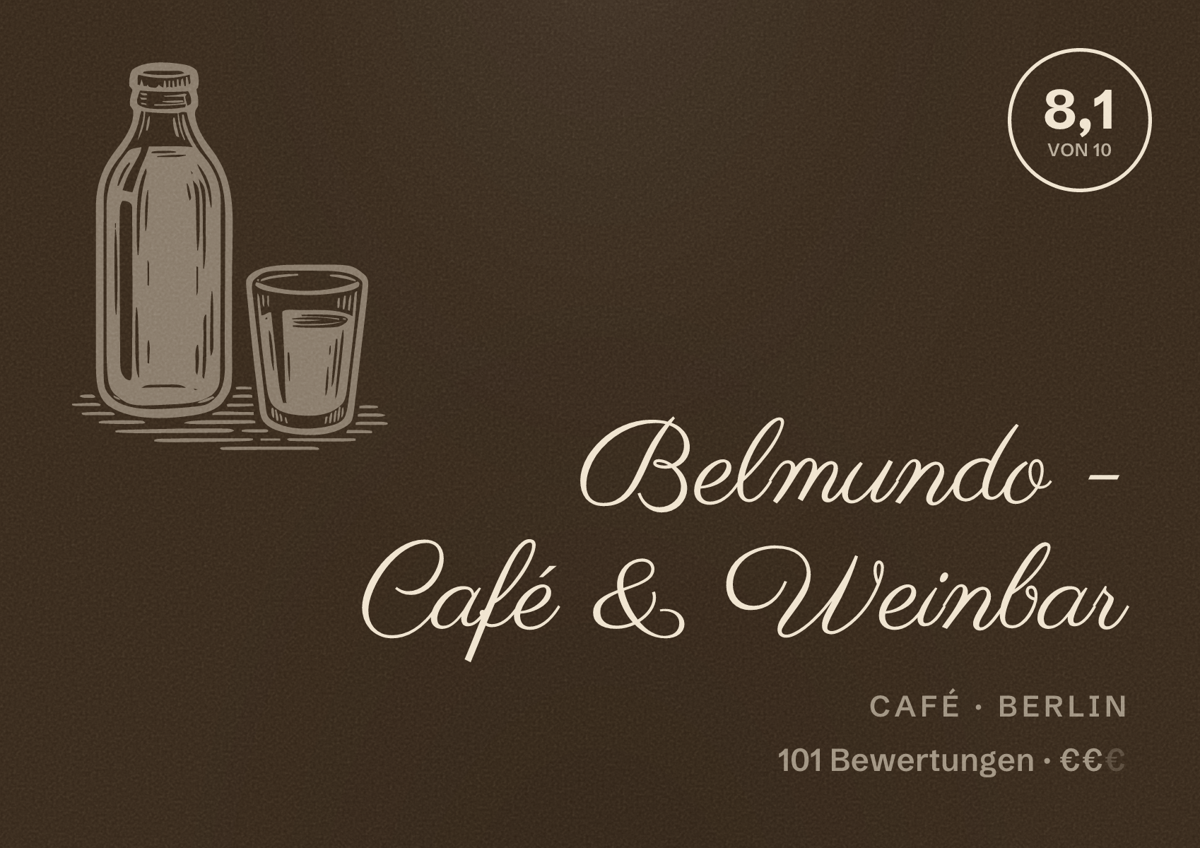 Illustriertes Poster von Belmundo - Café & Weinbar, Café in Berlin: Bewertung 8,1 von 10 aus 101 Bewertungen, Preisniveau €€