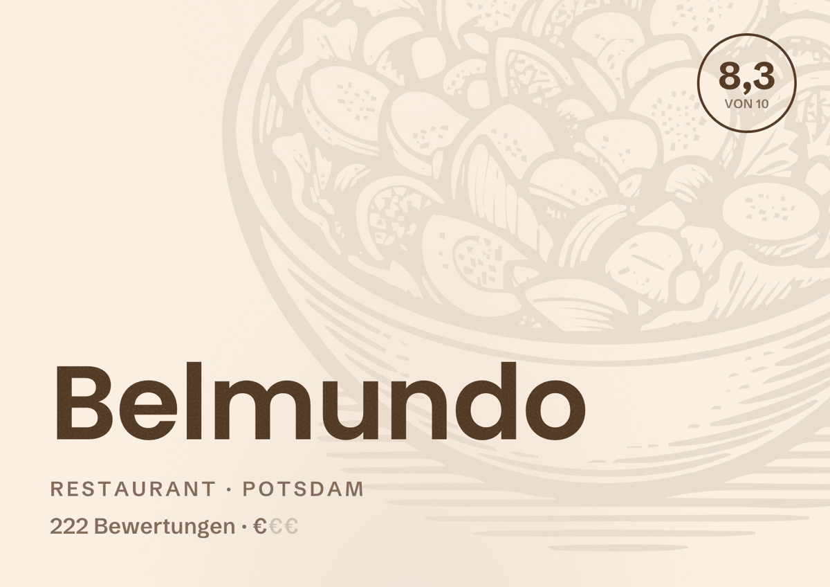Illustriertes Poster von Belmundo, Restaurant in Potsdam: Bewertung 8,3 von 10 aus 222 Bewertungen, Preisniveau €