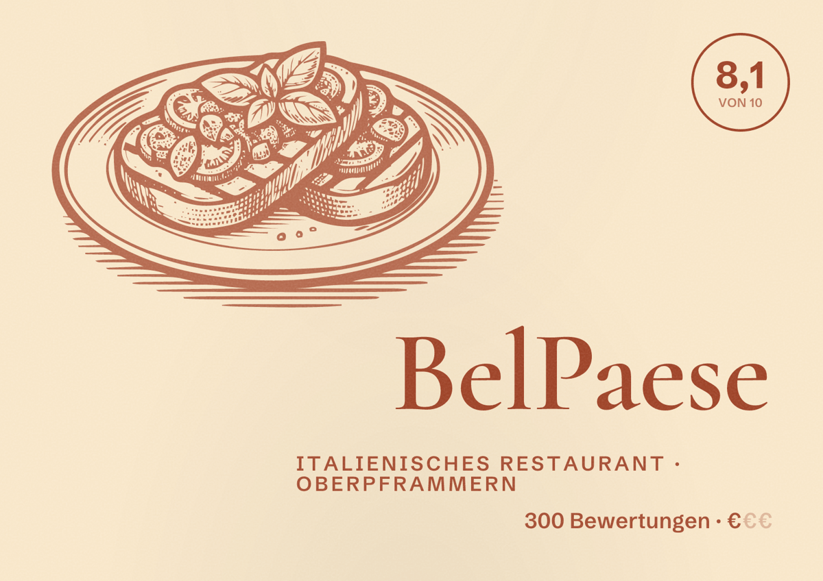Illustriertes Poster von BelPaese, Italienisches Restaurant in Oberpframmern: Bewertung 8,1 von 10 aus 300 Bewertungen, Preisniveau €