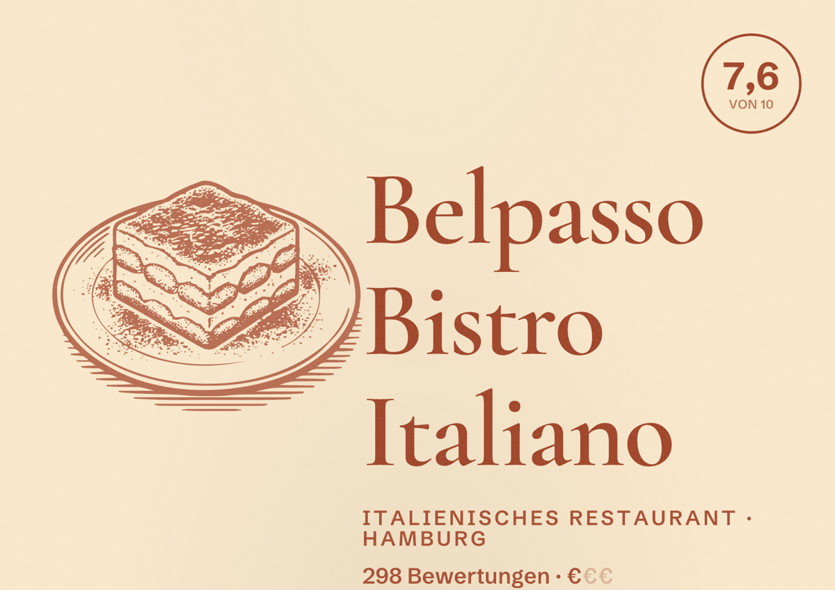 Illustriertes Poster von Belpasso Bistro Italiano, Italienisches Restaurant in Hamburg: Bewertung 7,6 von 10 aus 298 Bewertungen, Preisniveau €