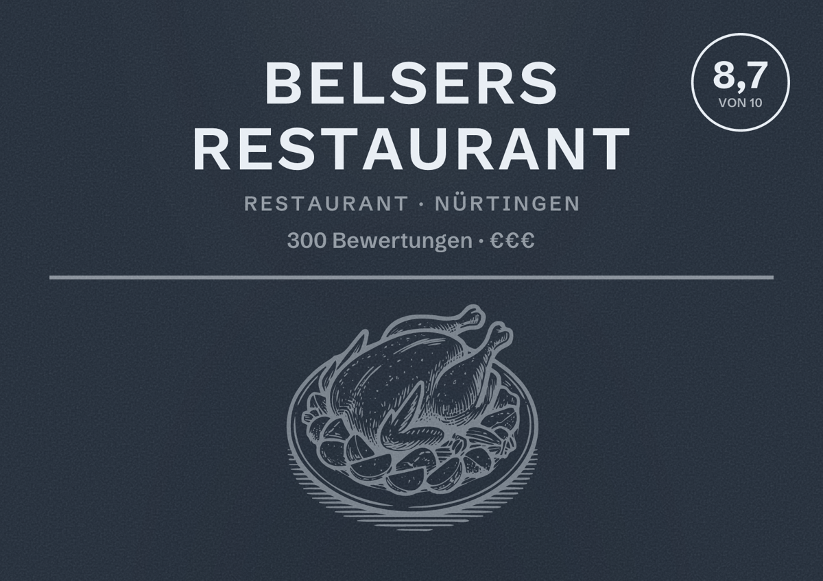 Illustriertes Poster von Belsers Restaurant, Restaurant in Nürtingen: Bewertung 8,7 von 10 aus 300 Bewertungen, Preisniveau €€€
