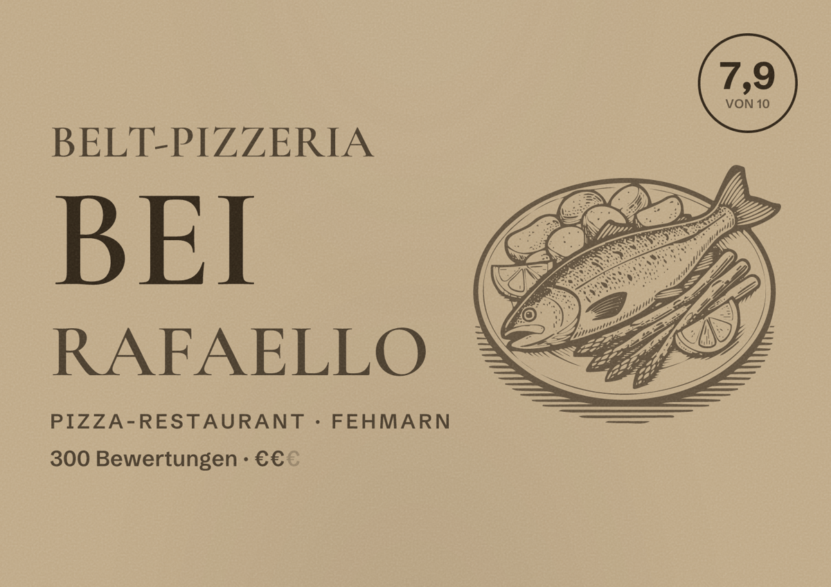 Illustriertes Poster von Belt-Pizzeria bei Rafaello, Pizza-Restaurant in Fehmarn: Bewertung 7,9 von 10 aus 300 Bewertungen, Preisniveau €€