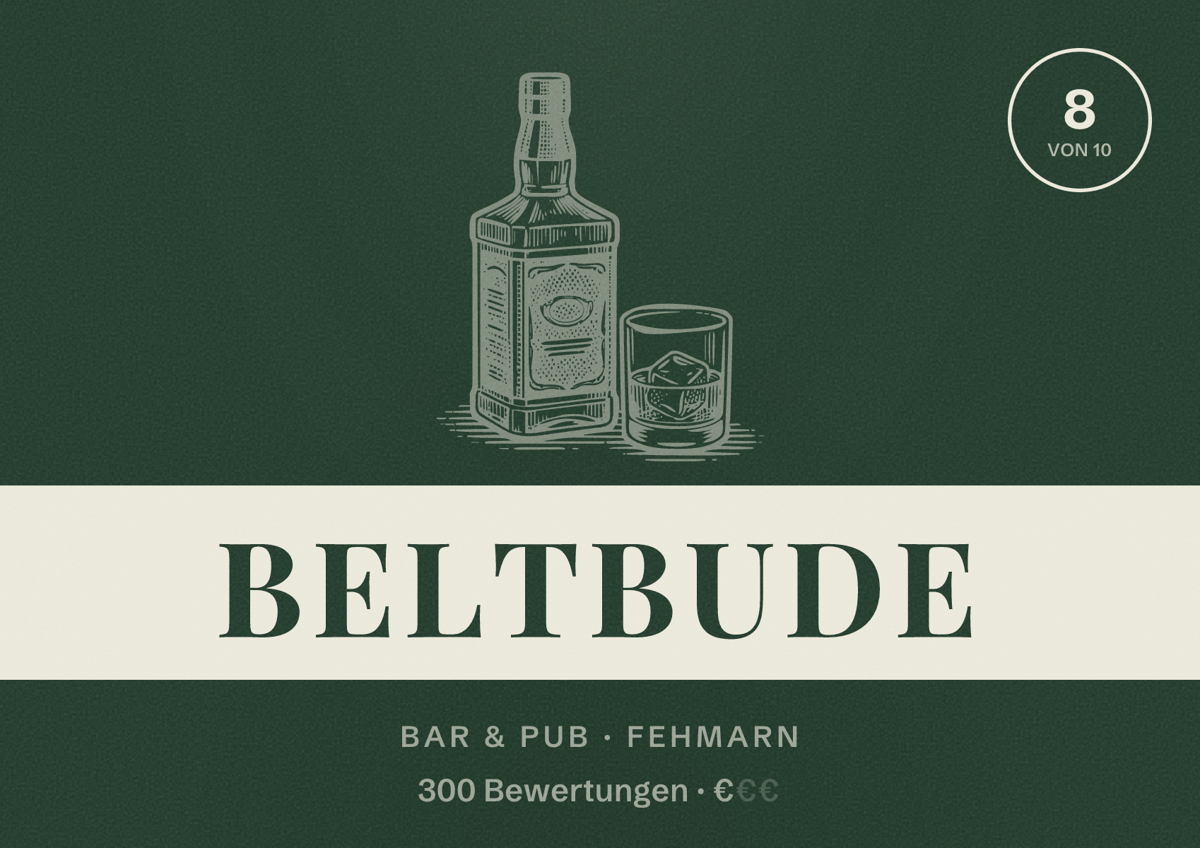 Illustriertes Poster von Beltbude, Bar & Pub in Fehmarn: Bewertung 8 von 10 aus 300 Bewertungen, Preisniveau €