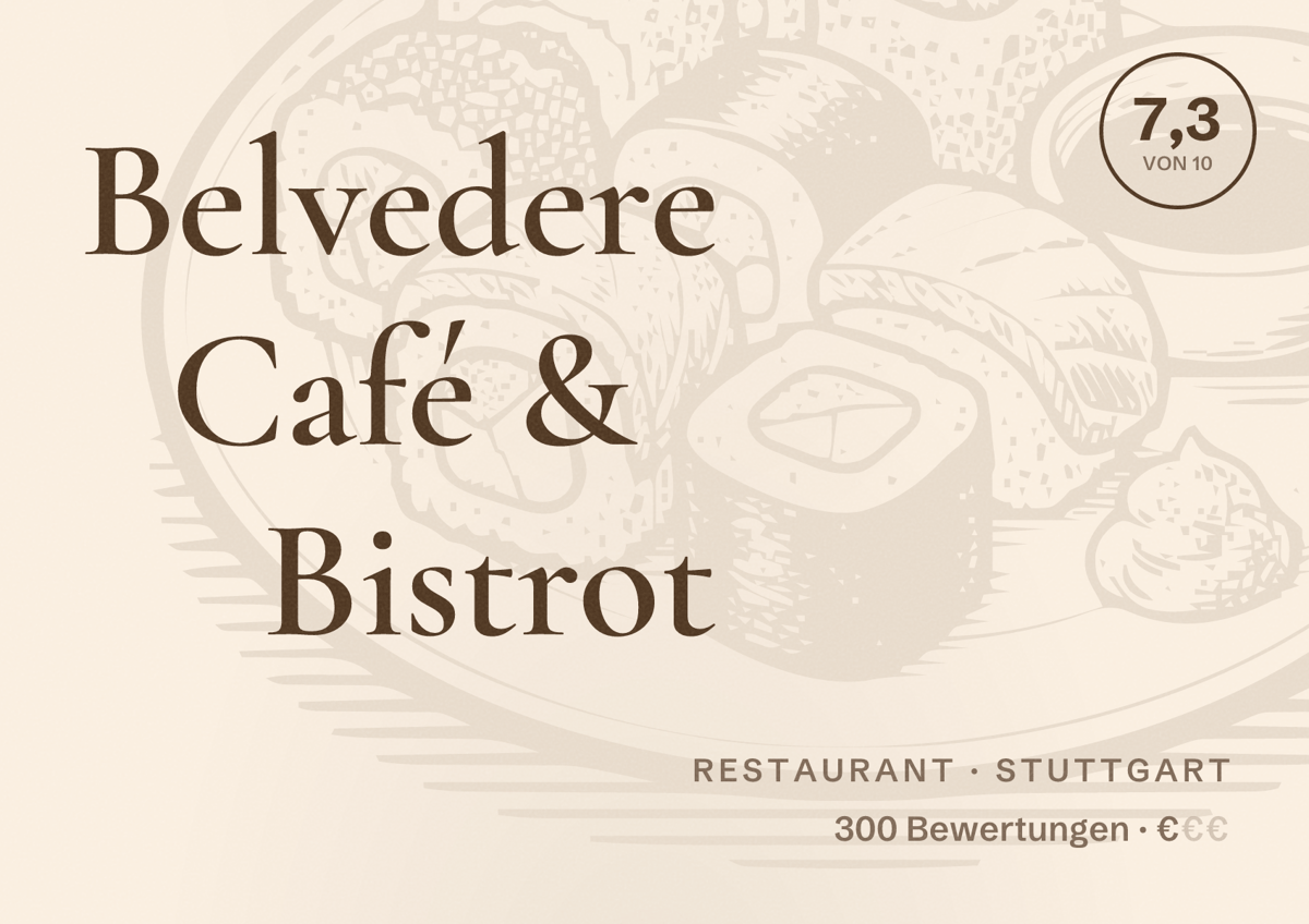 Illustriertes Poster von Belvedere Café & Bistrot, Restaurant in Stuttgart: Bewertung 7,3 von 10 aus 300 Bewertungen, Preisniveau €