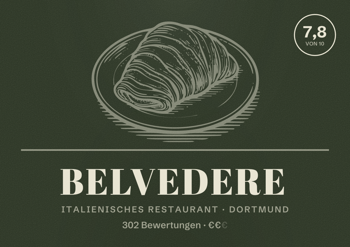 Illustriertes Poster von Belvedere, Italienisches Restaurant in Dortmund: Bewertung 7,8 von 10 aus 302 Bewertungen, Preisniveau €€