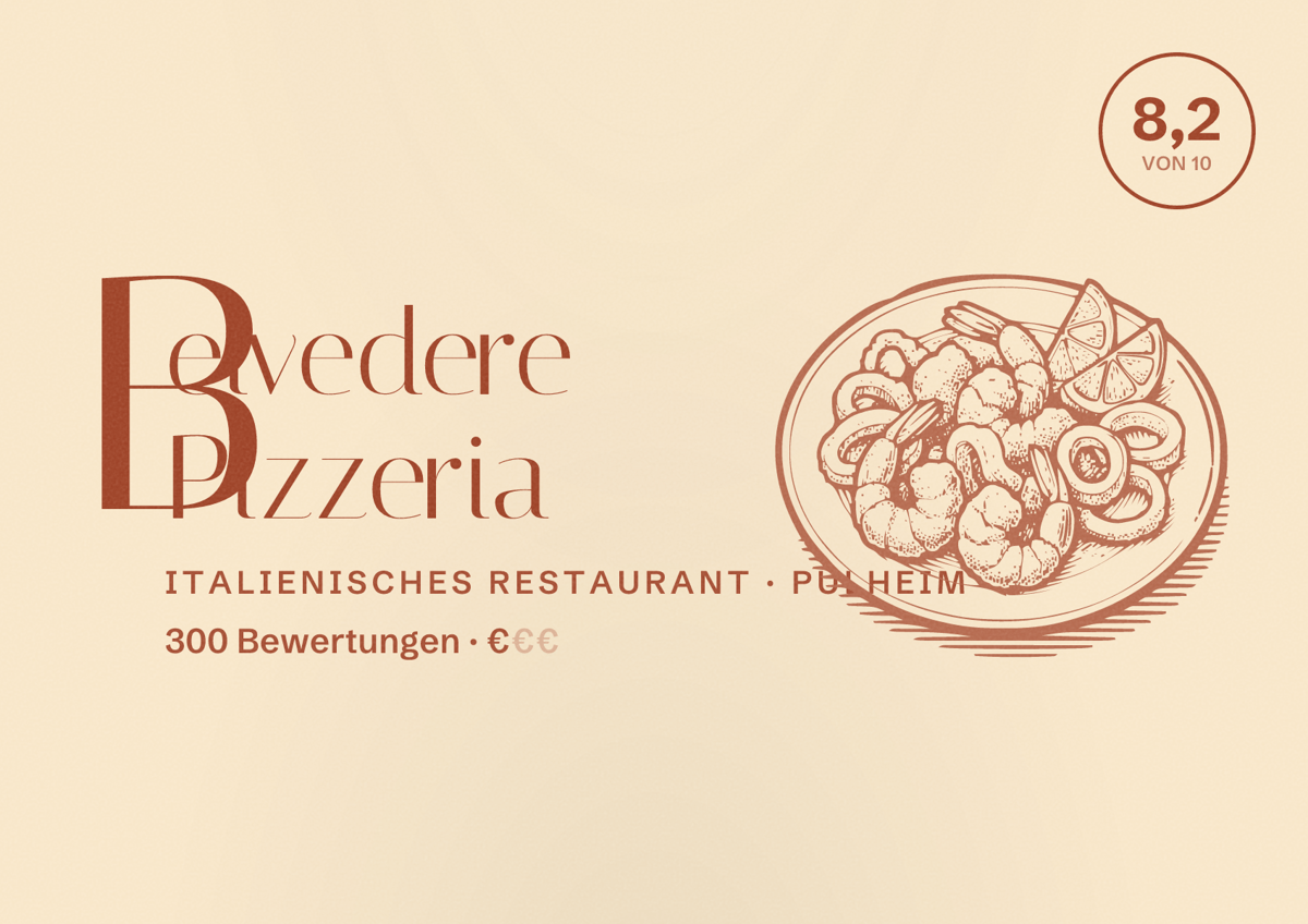 Illustriertes Poster von Belvedere Pizzeria, Italienisches Restaurant in Pulheim: Bewertung 8,2 von 10 aus 300 Bewertungen, Preisniveau €