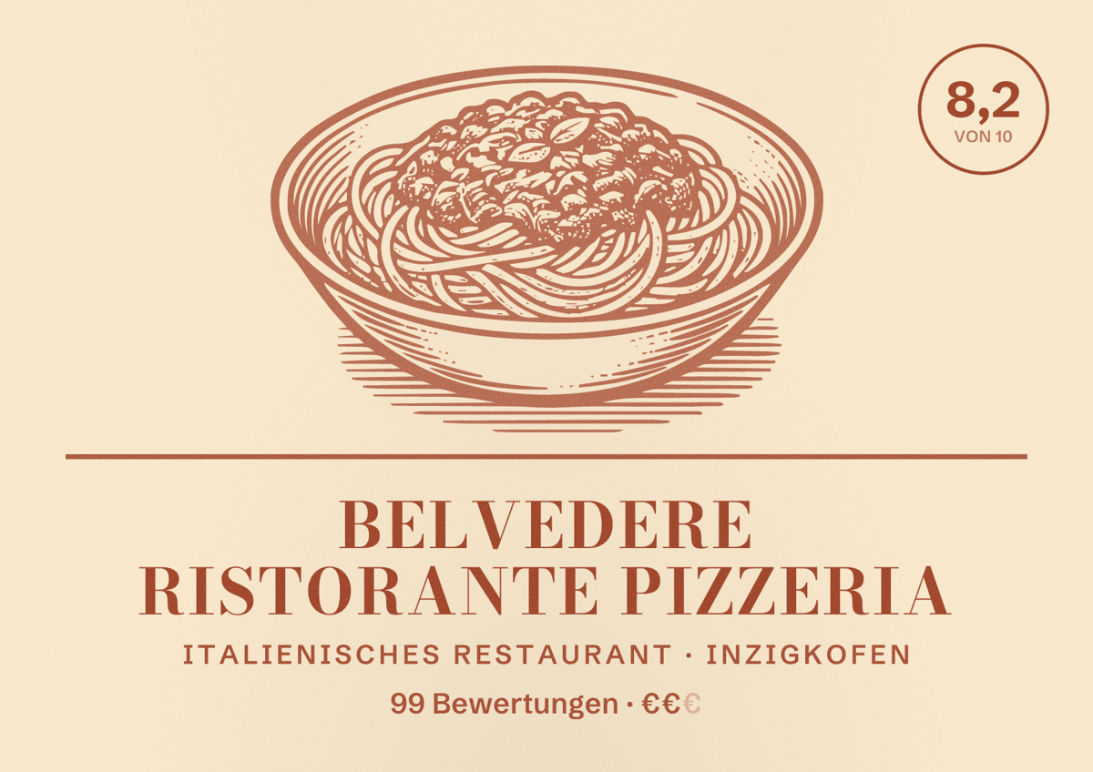 Illustriertes Poster von Belvedere Ristorante Pizzeria, Italienisches Restaurant in Inzigkofen: Bewertung 8,2 von 10 aus 99 Bewertungen, Preisniveau €€
