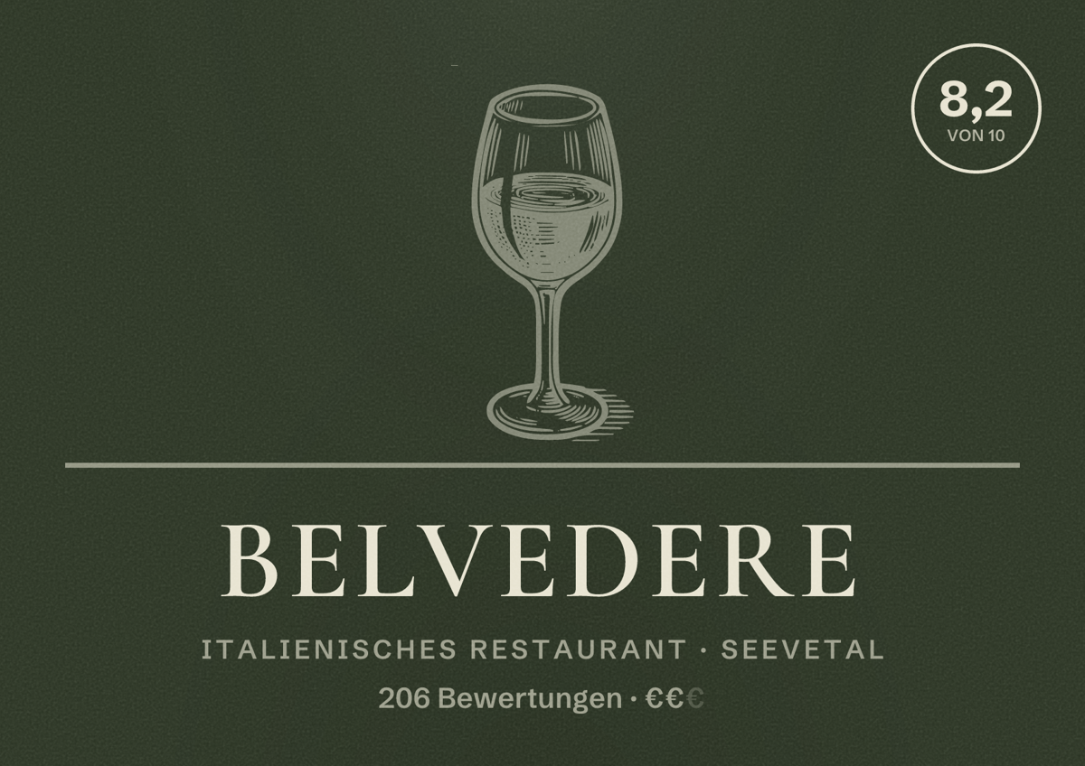 Illustriertes Poster von Belvedere, Italienisches Restaurant in Seevetal: Bewertung 8,2 von 10 aus 206 Bewertungen, Preisniveau €€