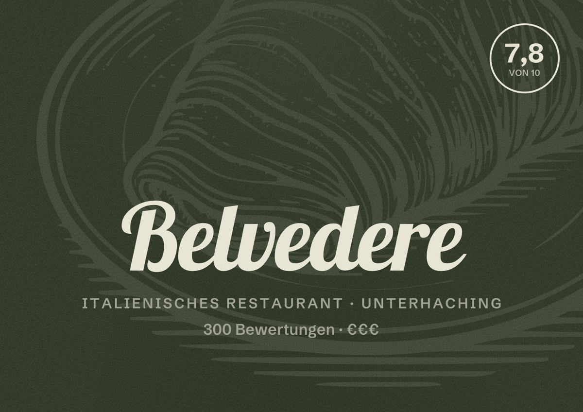 Illustriertes Poster von Belvedere, Italienisches Restaurant in Unterhaching: Bewertung 7,8 von 10 aus 300 Bewertungen, Preisniveau €€€