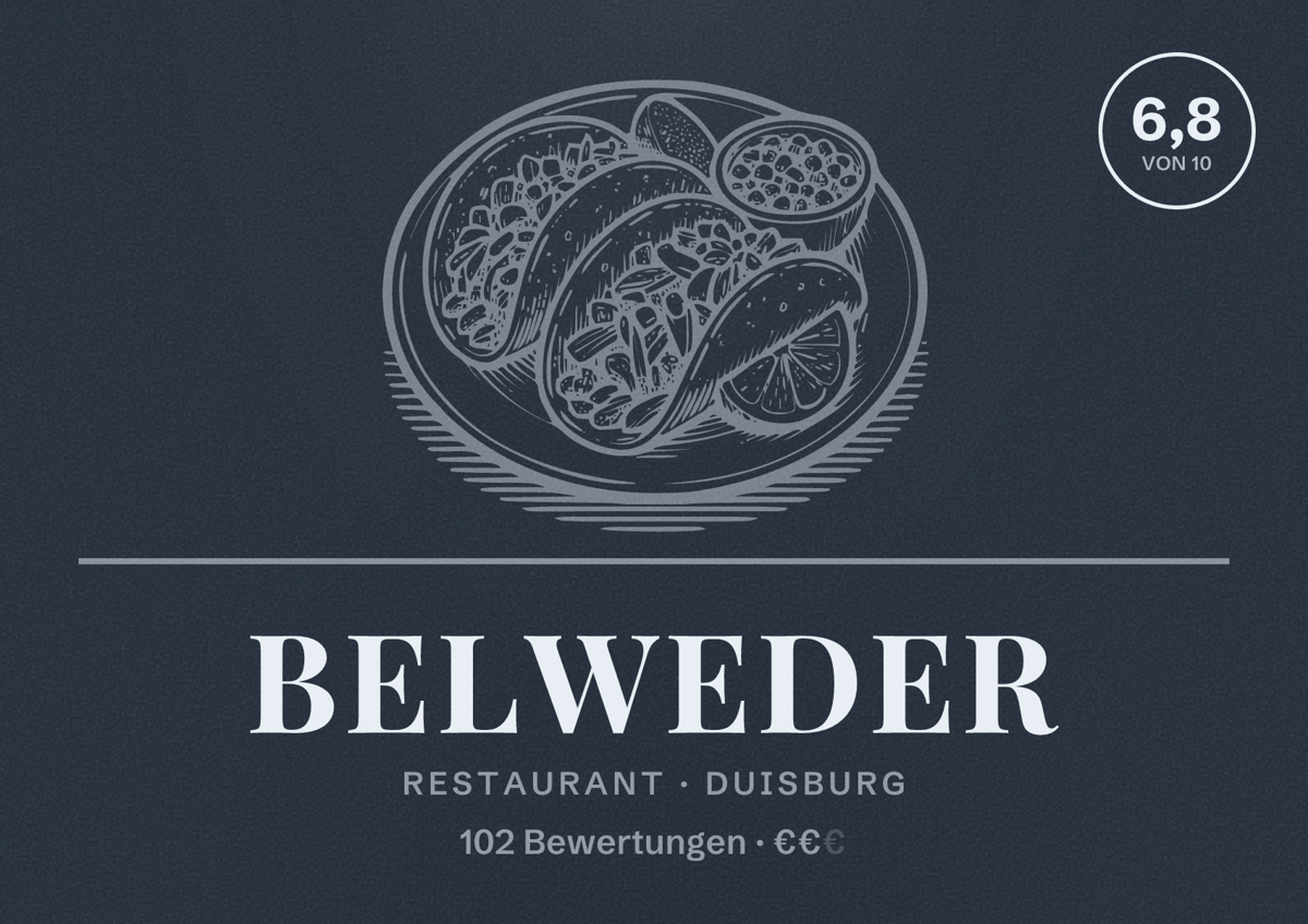 Illustriertes Poster von Belweder, Restaurant in Duisburg: Bewertung 6,8 von 10 aus 102 Bewertungen, Preisniveau €€