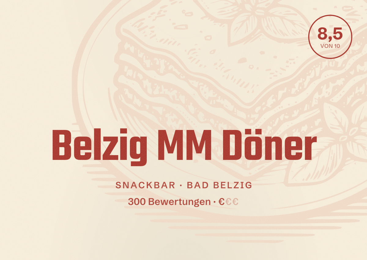 Illustriertes Poster von Belzig MM Döner, Snackbar in Bad Belzig: Bewertung 8,5 von 10 aus 300 Bewertungen, Preisniveau €