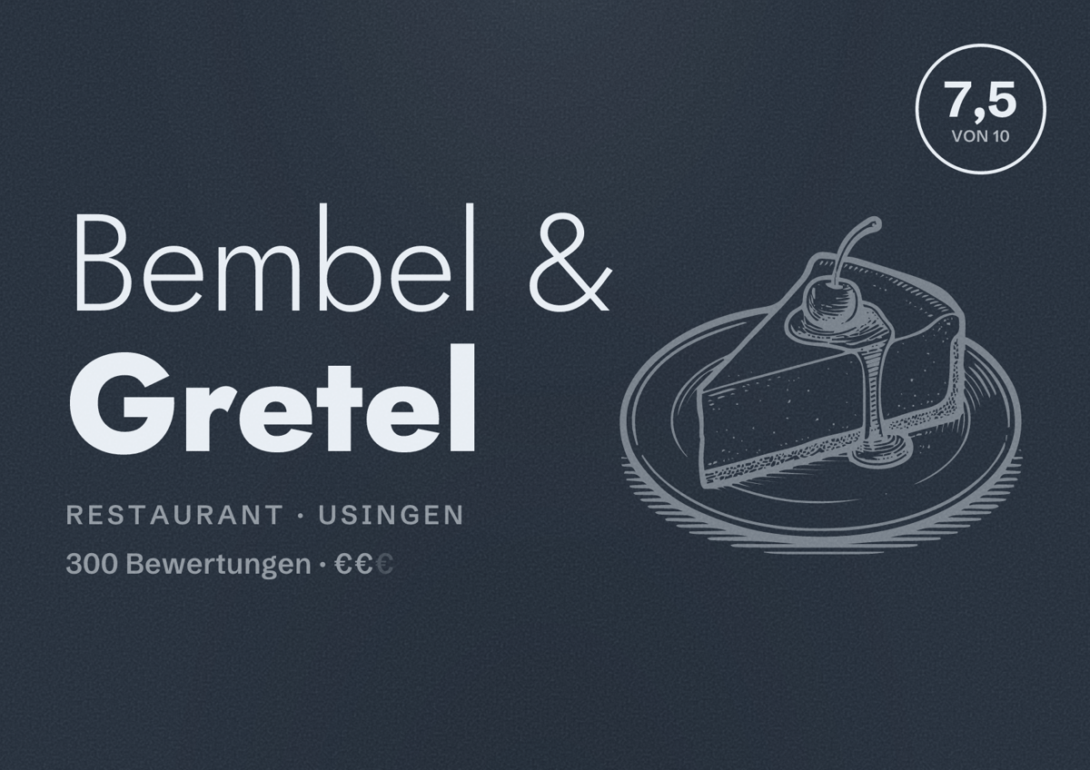 Illustriertes Poster von Bembel & Gretel, Restaurant in Usingen: Bewertung 7,5 von 10 aus 300 Bewertungen, Preisniveau €€