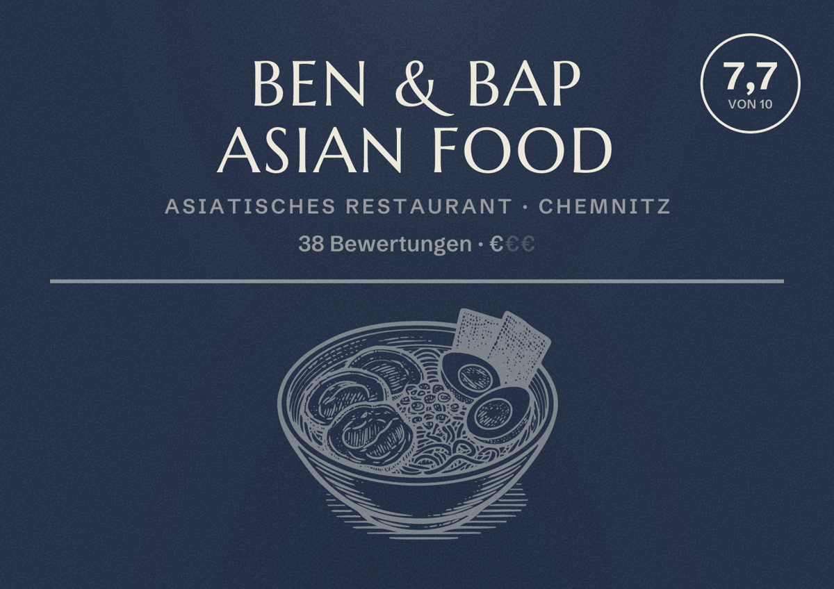 Illustriertes Poster von Ben & Bap Asian Food, Asiatisches Restaurant in Chemnitz: Bewertung 7,7 von 10 aus 38 Bewertungen, Preisniveau €