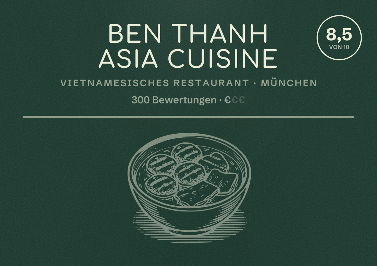 Illustriertes Poster von Ben Thanh Asia Cuisine, Vietnamesisches Restaurant in München: Bewertung 8,5 von 10 aus 300 Bewertungen, Preisniveau €