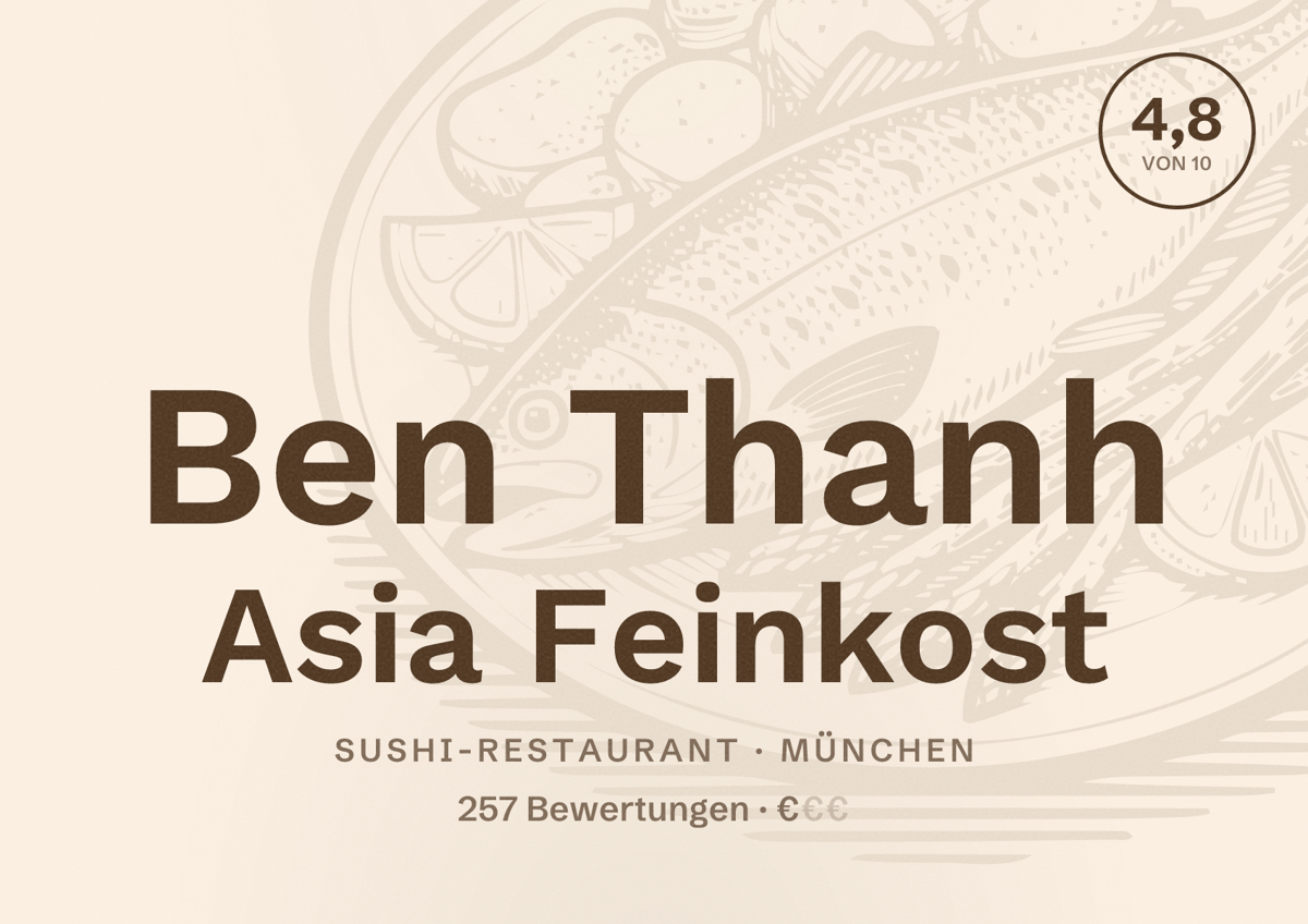 Illustriertes Poster von Ben Thanh Asia Feinkost, Sushi-Restaurant in München: Bewertung 4,8 von 10 aus 257 Bewertungen, Preisniveau €