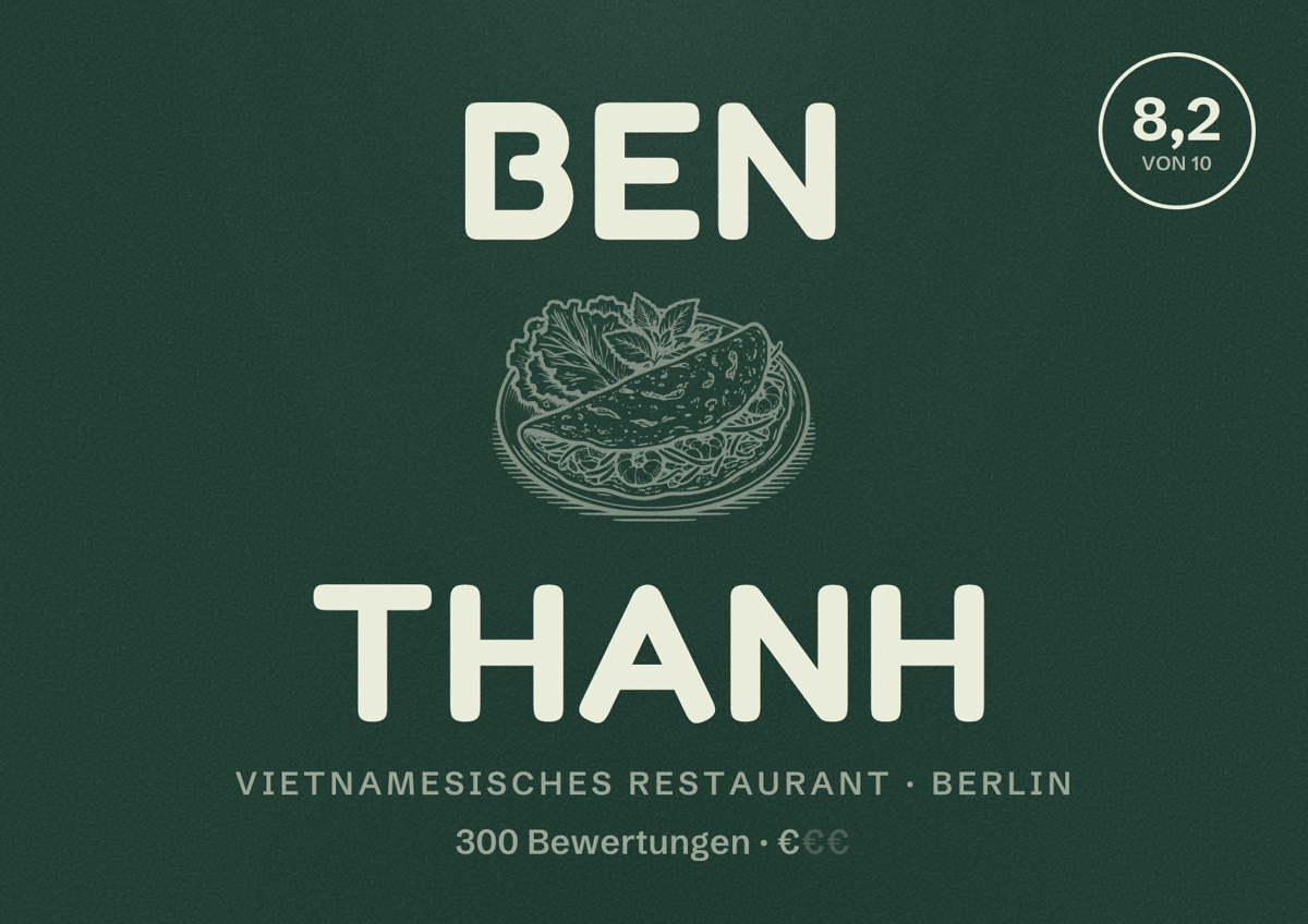 Illustriertes Poster von Ben Thanh, Vietnamesisches Restaurant in Berlin: Bewertung 8,2 von 10 aus 300 Bewertungen, Preisniveau €