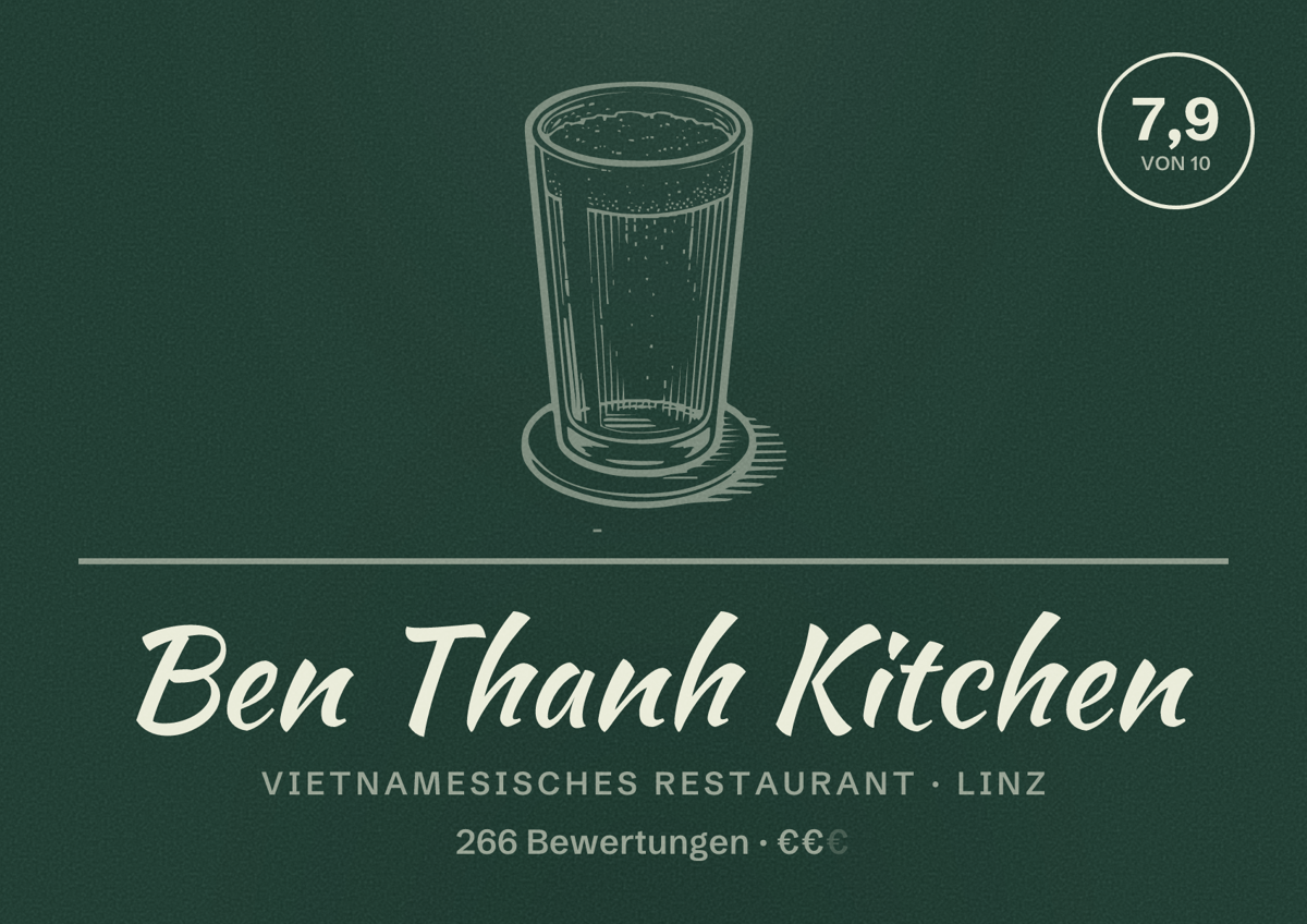 Illustriertes Poster von Ben Thanh Kitchen, Vietnamesisches Restaurant in Linz: Bewertung 7,9 von 10 aus 266 Bewertungen, Preisniveau €€