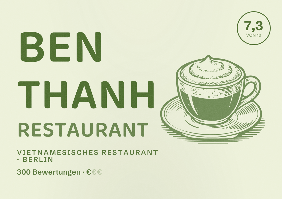 Illustriertes Poster von Ben Thanh Restaurant, Vietnamesisches Restaurant in Berlin: Bewertung 7,3 von 10 aus 300 Bewertungen, Preisniveau €