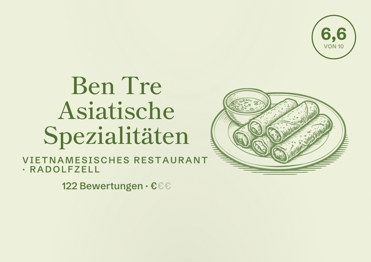 Illustriertes Poster von Ben Tre Asiatische Spezialitäten, Vietnamesisches Restaurant in Radolfzell: Bewertung 6,6 von 10 aus 122 Bewertungen, Preisniveau €