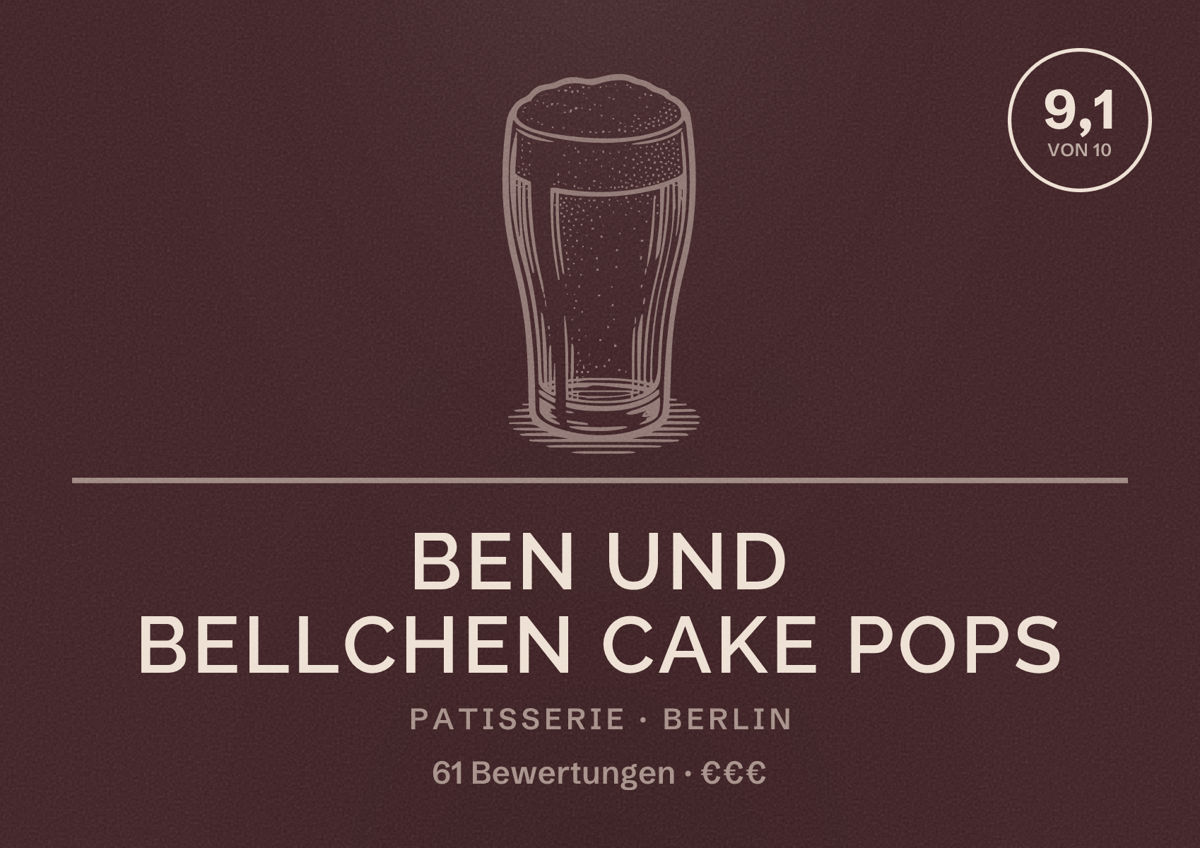 Illustriertes Poster von Ben und Bellchen Cake Pops, Patisserie in Berlin: Bewertung 9,1 von 10 aus 61 Bewertungen, Preisniveau €€€