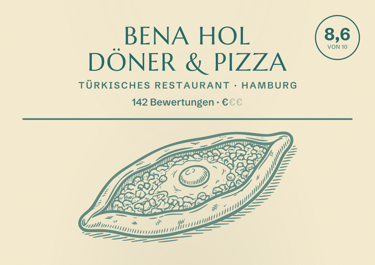 Illustriertes Poster von bena hol Döner & Pizza, Türkisches Restaurant in Hamburg: Bewertung 8,6 von 10 aus 142 Bewertungen, Preisniveau €