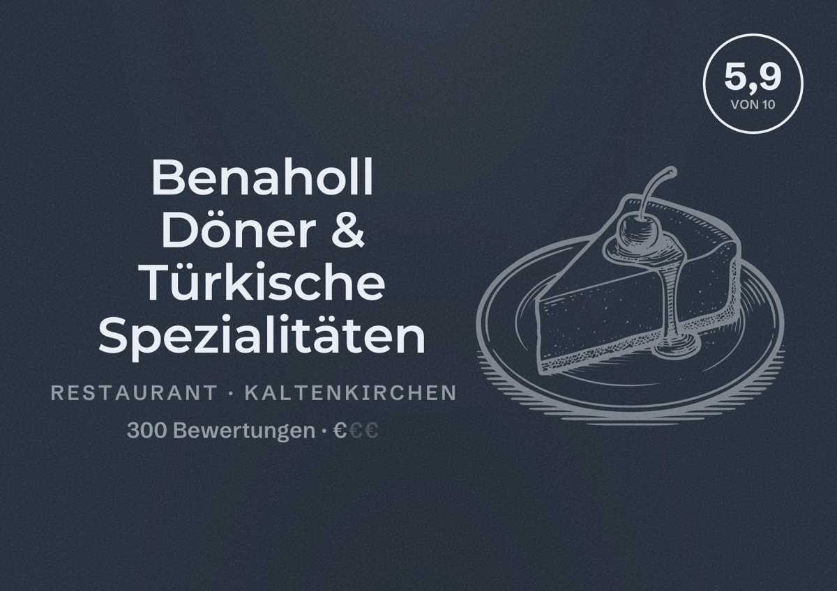 Illustriertes Poster von Benaholl Döner & Türkische Spezialitäten, Restaurant in Kaltenkirchen: Bewertung 5,9 von 10 aus 300 Bewertungen, Preisniveau €