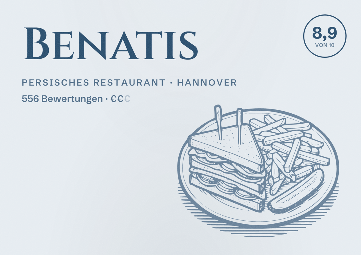 Illustriertes Poster von Benatis, Persisches Restaurant in Hannover: Bewertung 8,9 von 10 aus 556 Bewertungen, Preisniveau €€