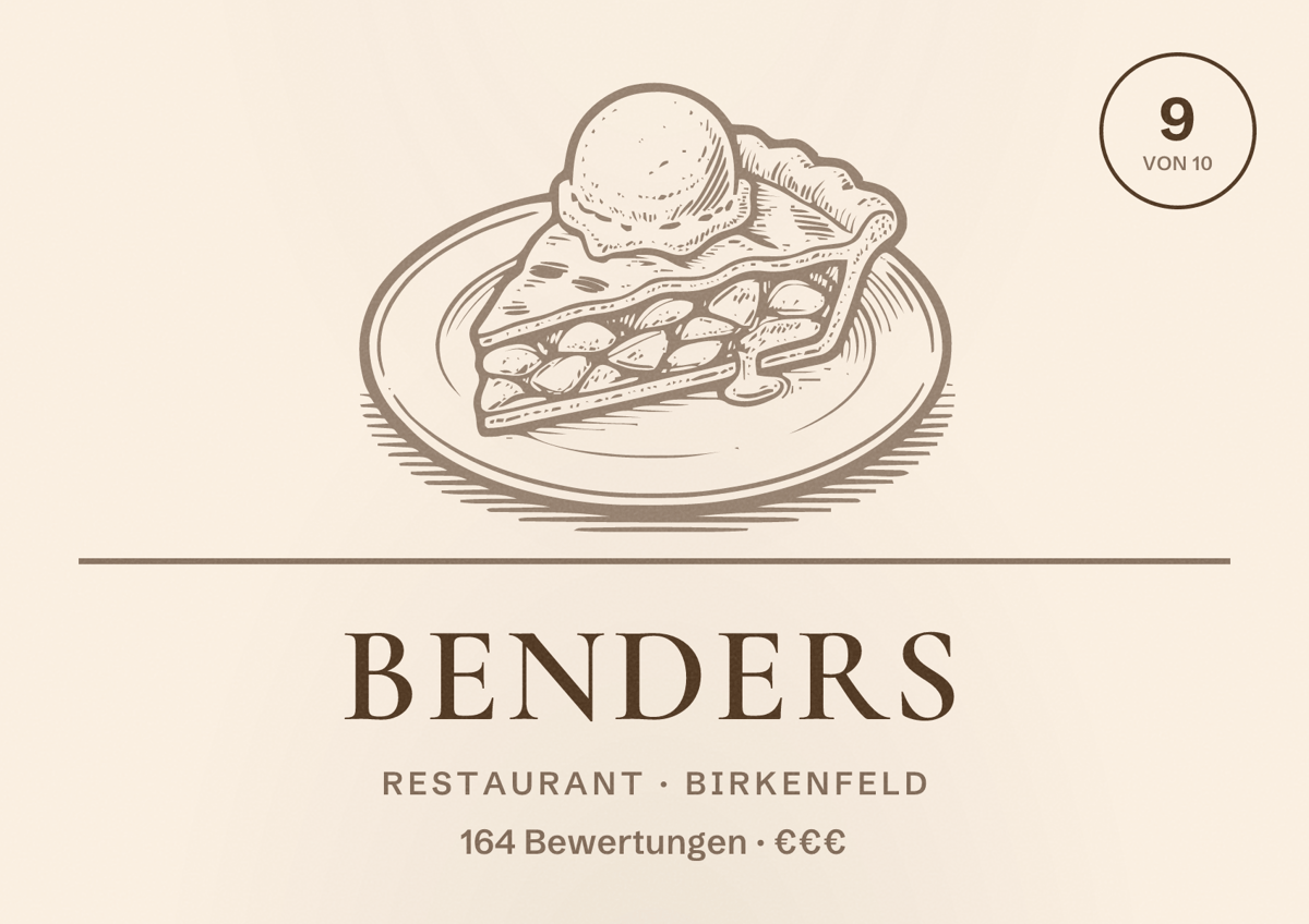 Illustriertes Poster von BENDERS, Restaurant in Birkenfeld: Bewertung 9 von 10 aus 164 Bewertungen, Preisniveau €€€