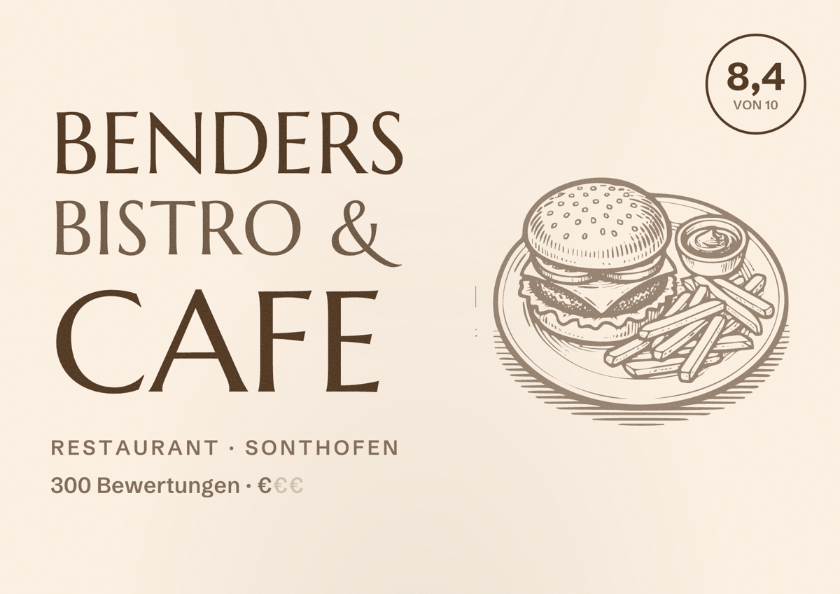 Illustriertes Poster von Benders Bistro & Cafe, Restaurant in Sonthofen: Bewertung 8,4 von 10 aus 300 Bewertungen, Preisniveau €