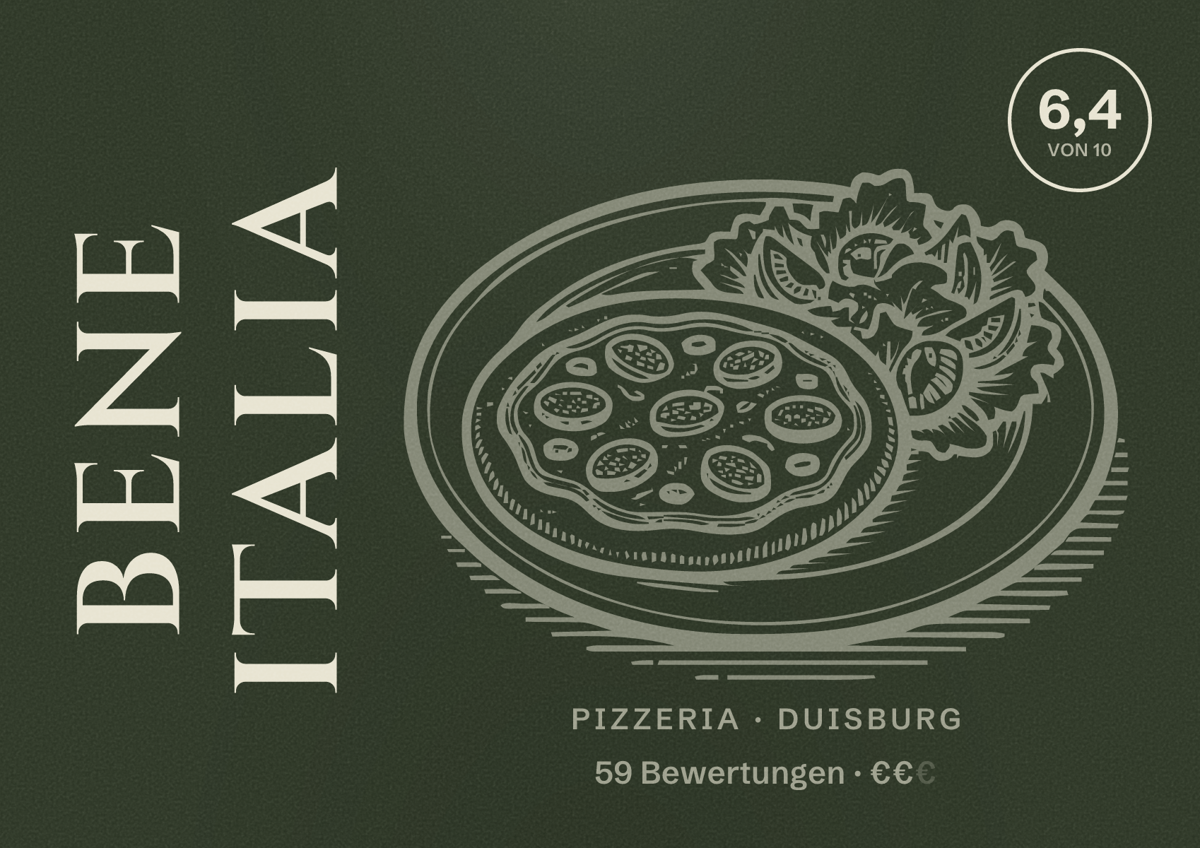 Illustriertes Poster von Bene Italia, Pizzeria in Duisburg: Bewertung 6,4 von 10 aus 59 Bewertungen, Preisniveau €€