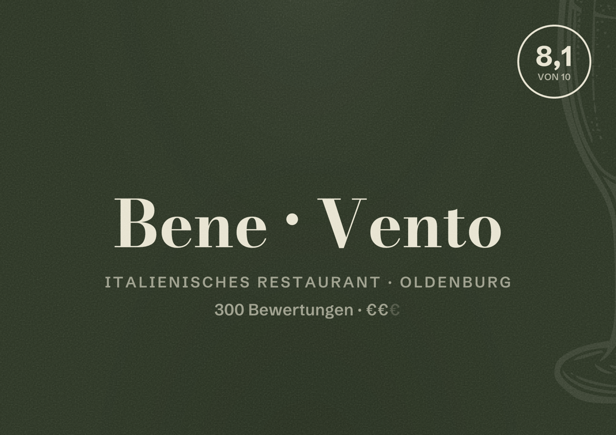 Illustriertes Poster von Bene Vento, Italienisches Restaurant in Oldenburg: Bewertung 8,1 von 10 aus 300 Bewertungen, Preisniveau €€