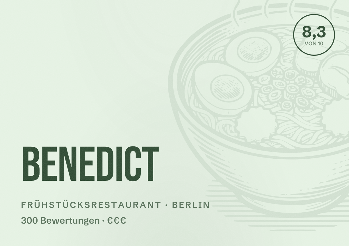 Illustriertes Poster von Benedict, Frühstücksrestaurant in Berlin: Bewertung 8,3 von 10 aus 300 Bewertungen, Preisniveau €€€